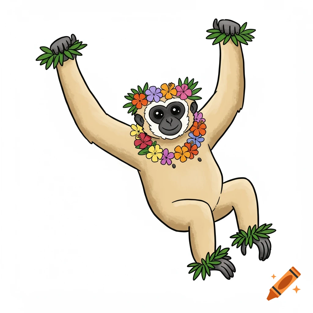 A clip art illustration of a gibbon hanging, wearing a lei and leaf bands