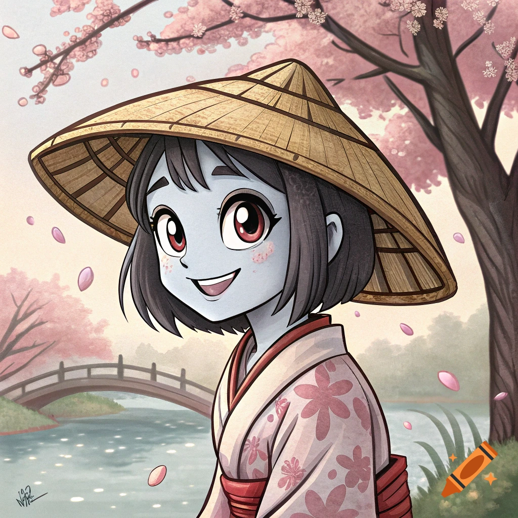 Manga-style girl in a straw hat and kimono walks through a cherry blossom park.