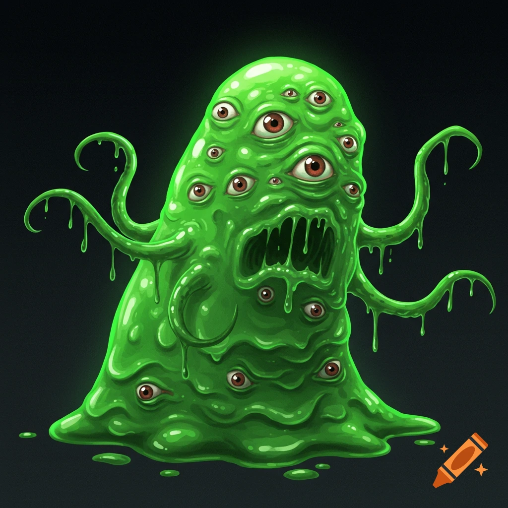 A green slime monster with many eyes and tentacles dripping goo.