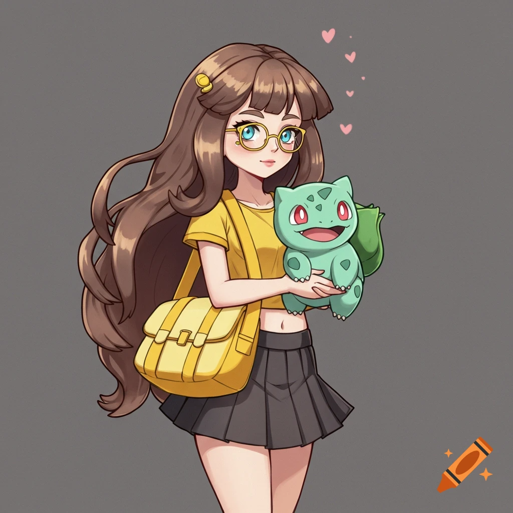 Anime girl with glasses, yellow bag, holding a Bulbasaur.