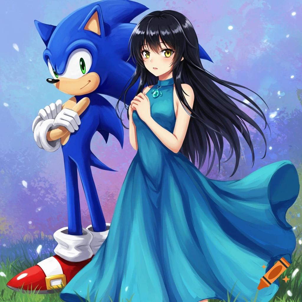 Anime style illustration of blue Sonic the Hedgehog standing next to a girl in a blue dress.