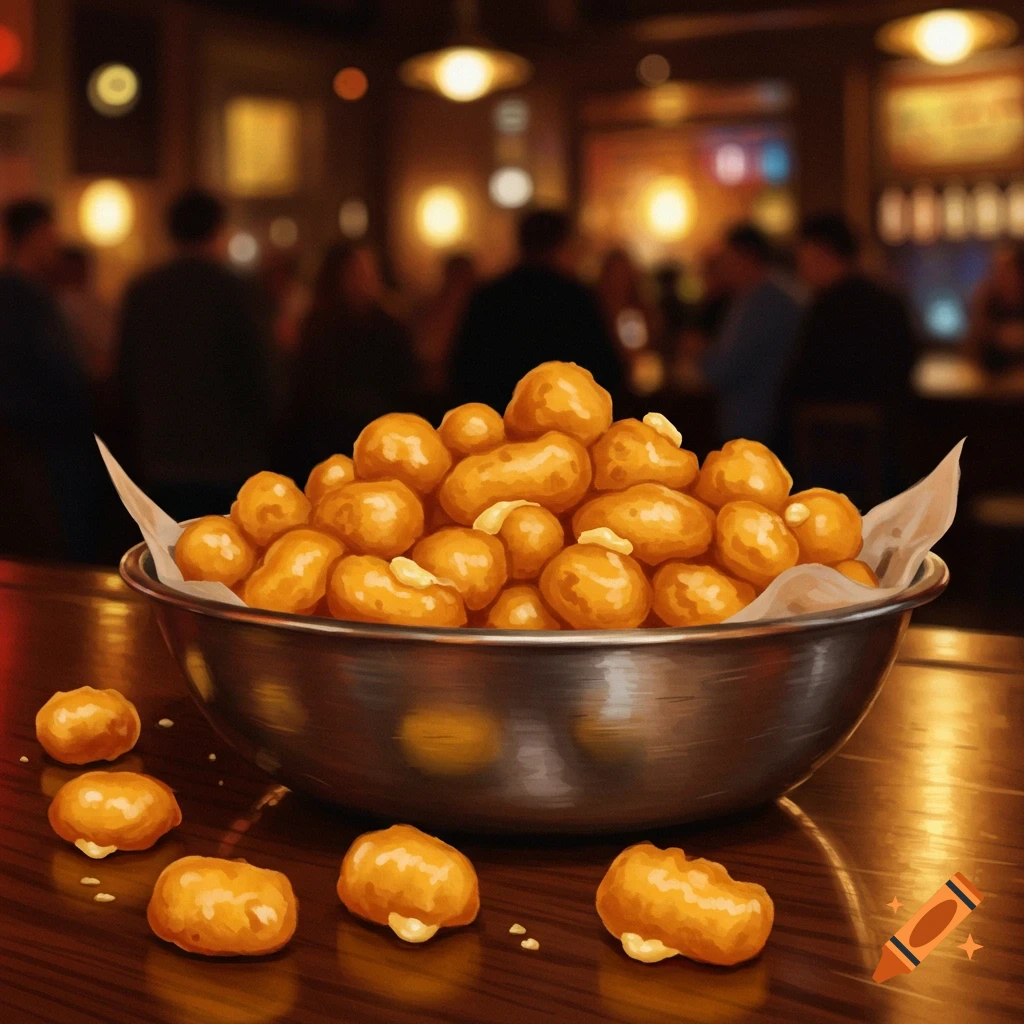 A bowl of fried cheese curds rests on a bar counter with a blurry background.