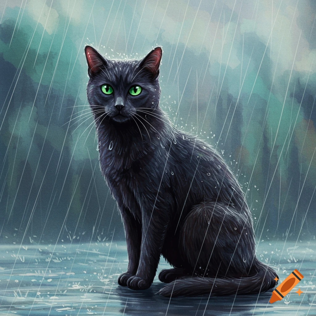 A black cat with green eyes is sitting in the rain.
