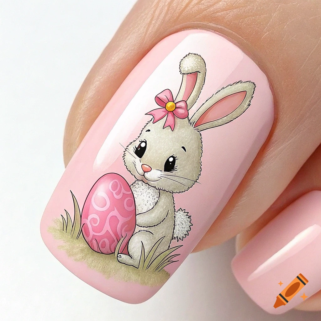 Pink painted fingernail with a cartoon bunny holding a pink Easter egg.