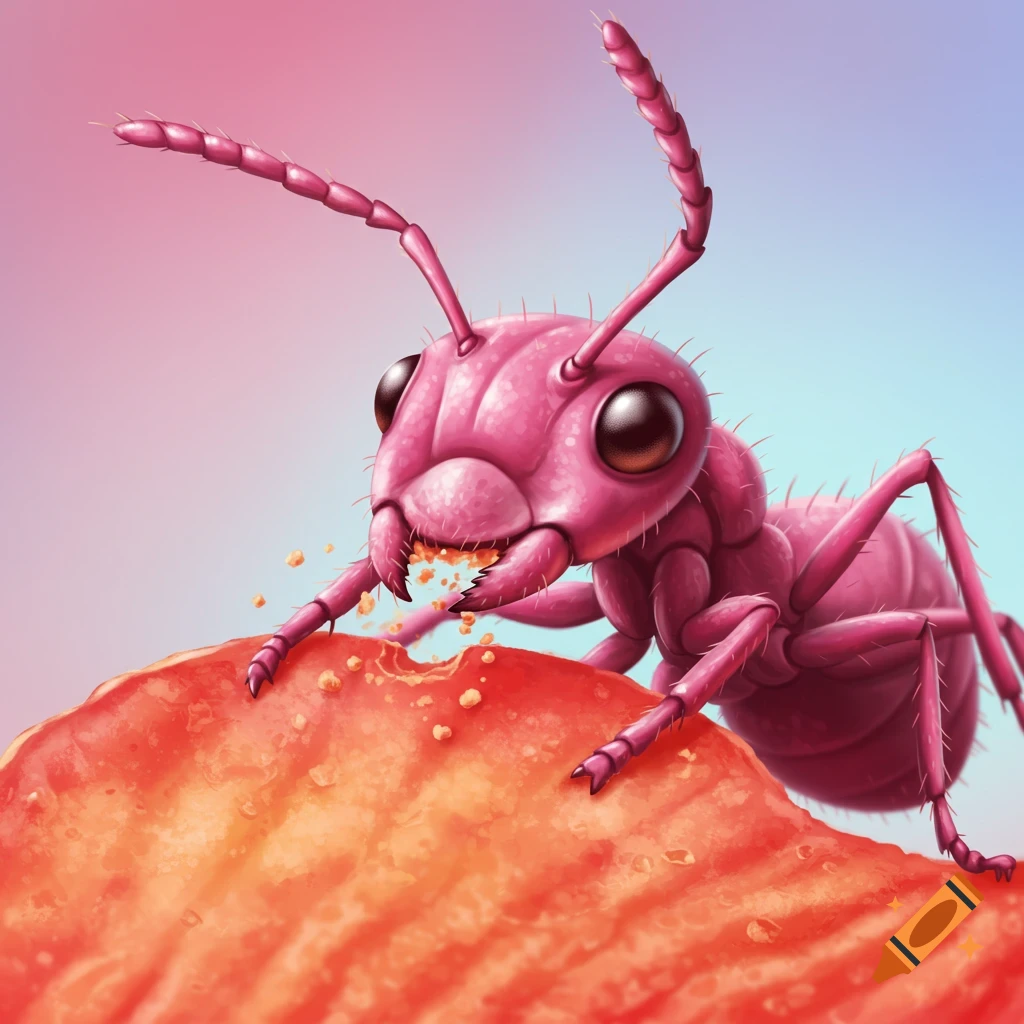 A close-up of a bright pink ant eating crumbs on a red surface.