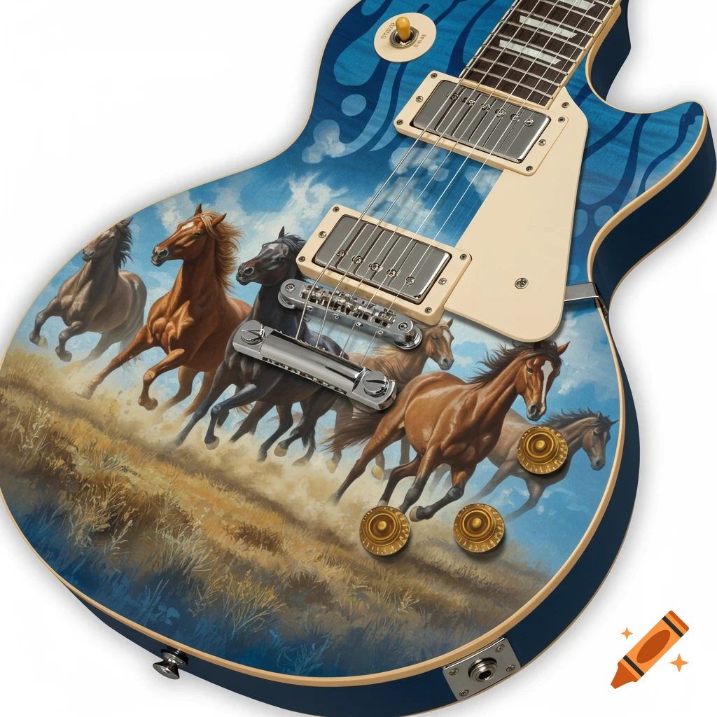 Blue guitar with a painting of horses running across it.
