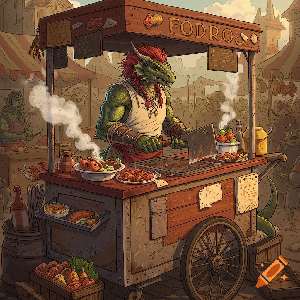 A dragon chef cooking at a market food cart.