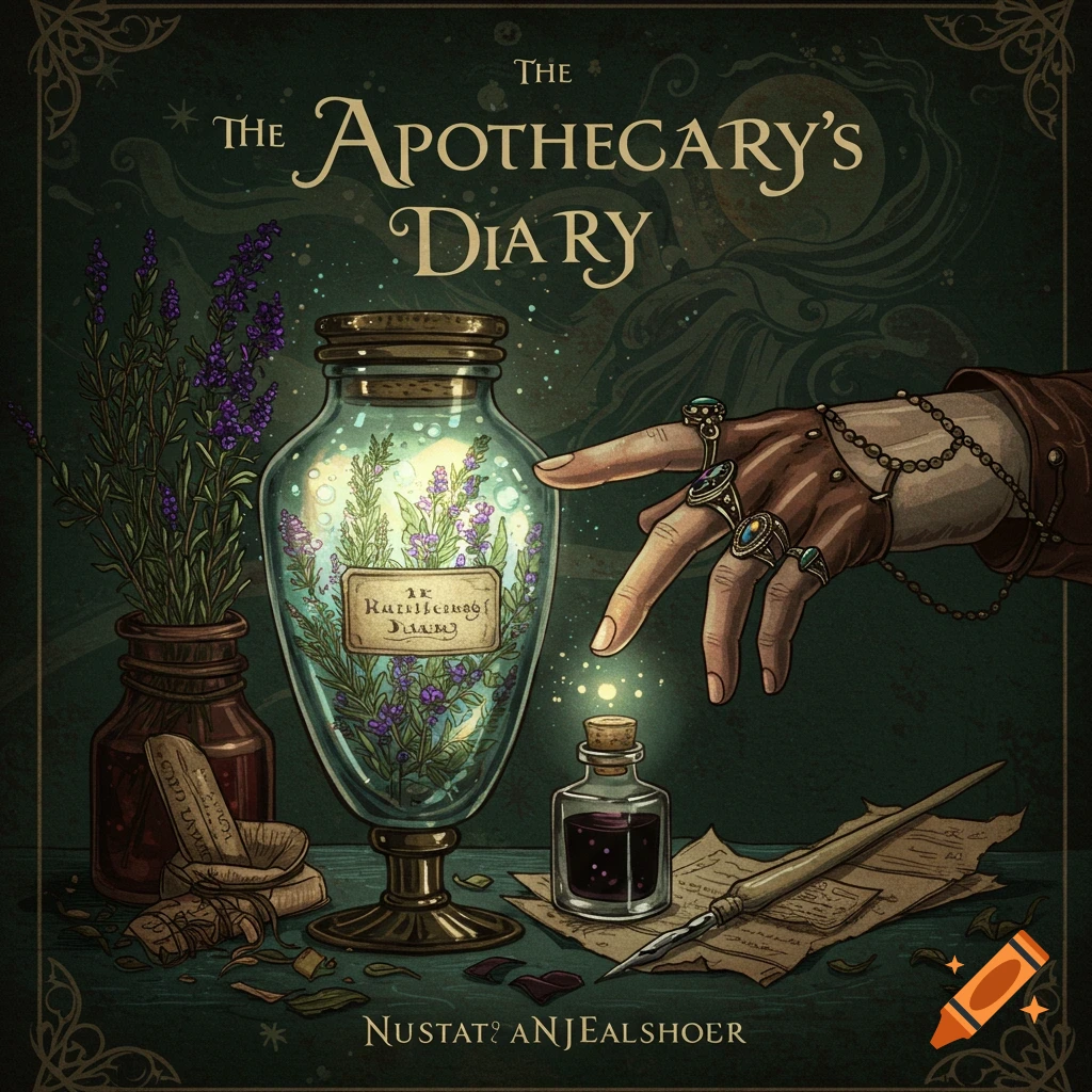An illustrated cover depicting an apothecary scene with a large bottle, herbs, a hand, quill, ink bottle, and papers.