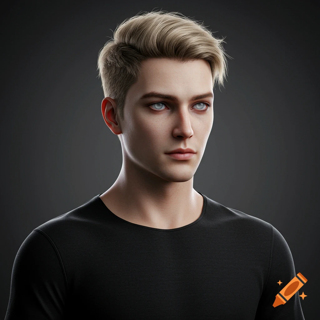 Realistic portrait of a young man with blonde hair and pale eyes wearing a black shirt.
