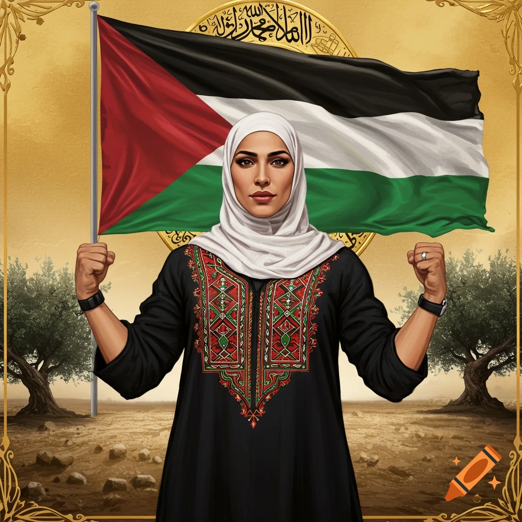 Palestinian woman in hijab and embroidered thobe, fists raised, in front of flag, olive trees, and golden symbol.