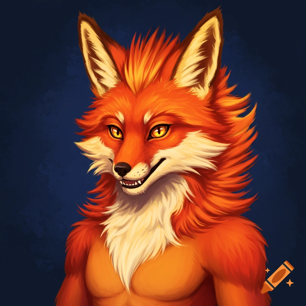 A humanoid fox character with orange fur, yellow eyes, and a smile against a dark blue background.