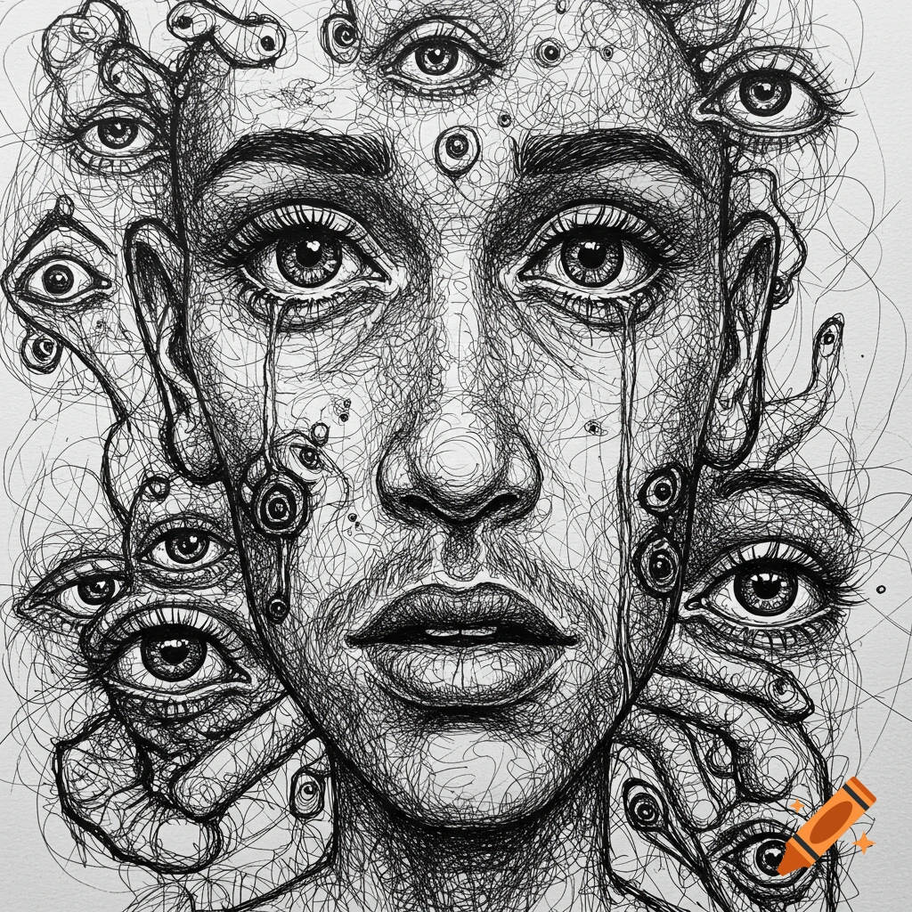 Black and white sketchy drawing of a distorted face covered in many eyes.