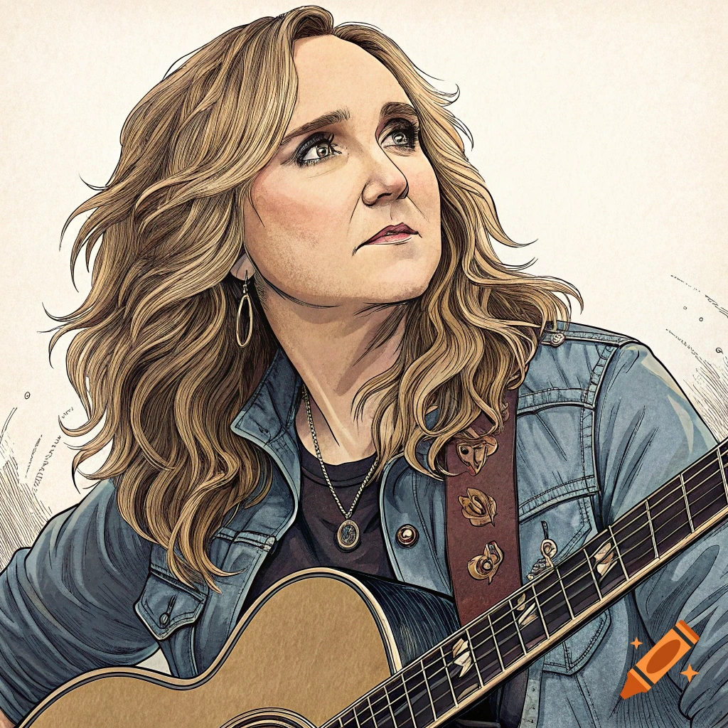 Stylized illustration of a woman playing a guitar, looking up.