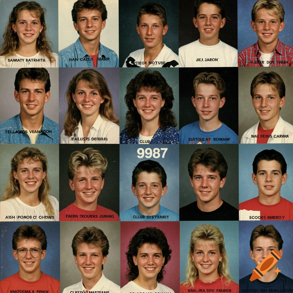 A grid of vintage 1980s school yearbook portraits featuring smiling students.