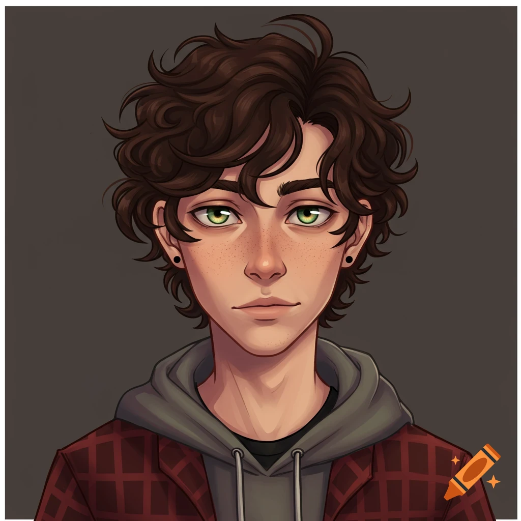 Digital portrait of a young person with messy brown hair, green eyes, freckles, wearing a grey hoodie under a red plaid jacket.