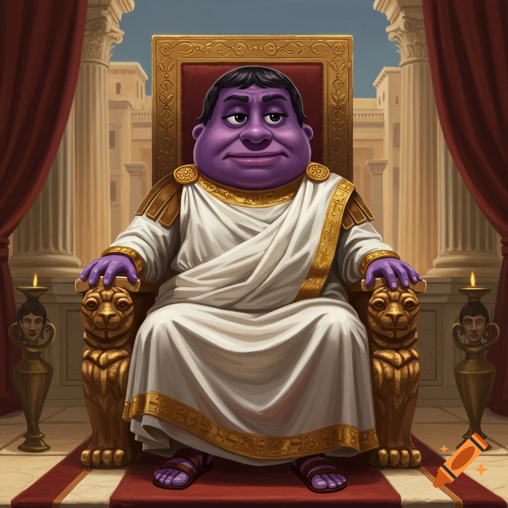A purple creature resembling Grimace sits on an ornate gold throne in a Roman setting, wearing a white toga.