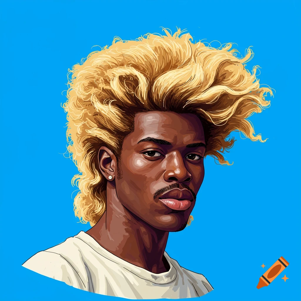 A person with a blonde mullet stands against a blue background.