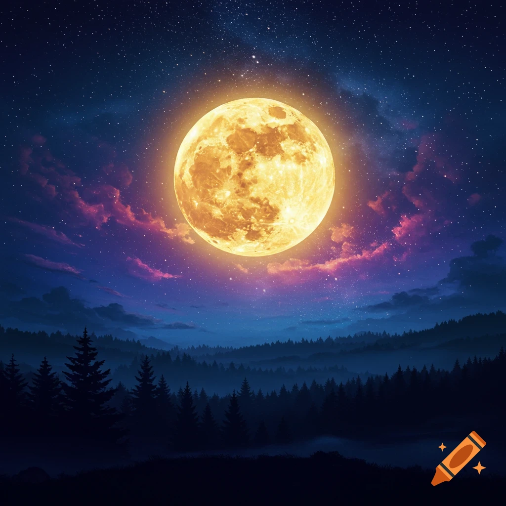 A large full moon in a starry night sky over a dark forest landscape with colorful clouds.