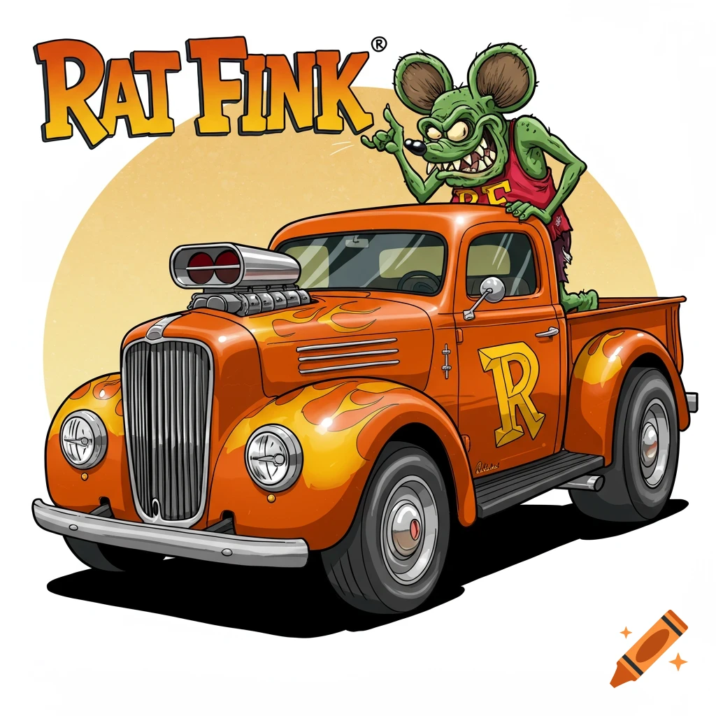 Cartoon of Rat Fink standing on an orange hot rod truck with flames and text 'RAT FINK'