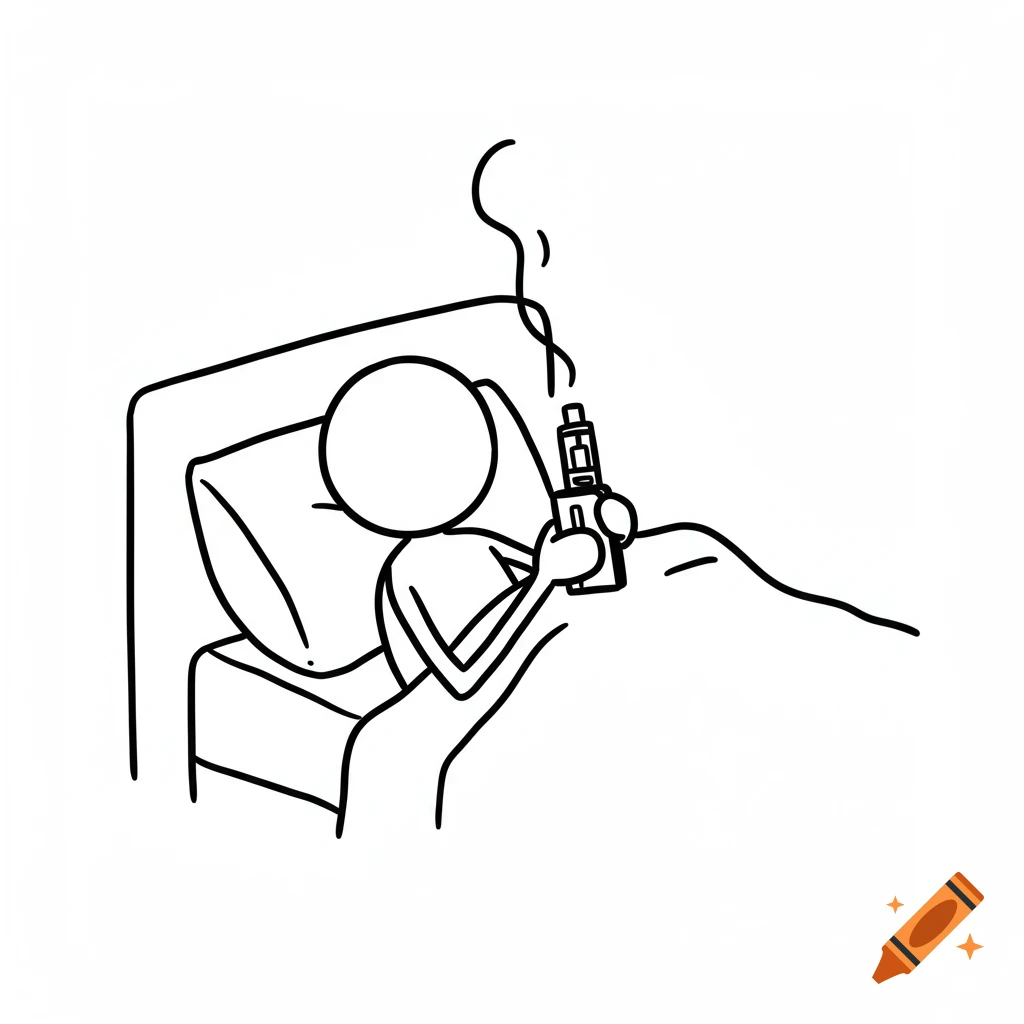 Black and white stick figure lying in bed holding a vape.