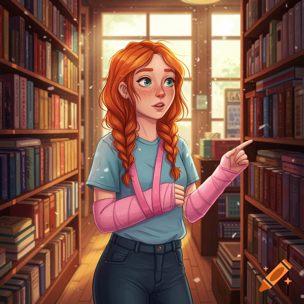 Illustration of a redheaded young woman with pink arm casts pointing at books in a brightly lit library.