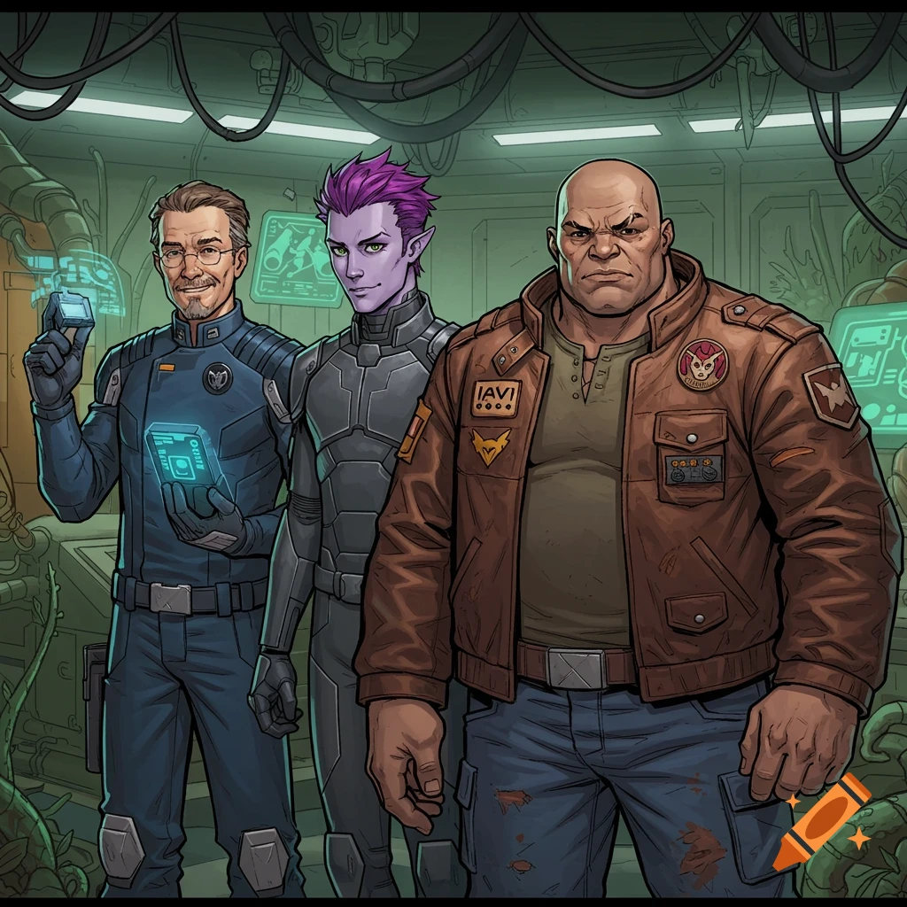Three diverse characters in a spaceship control room.