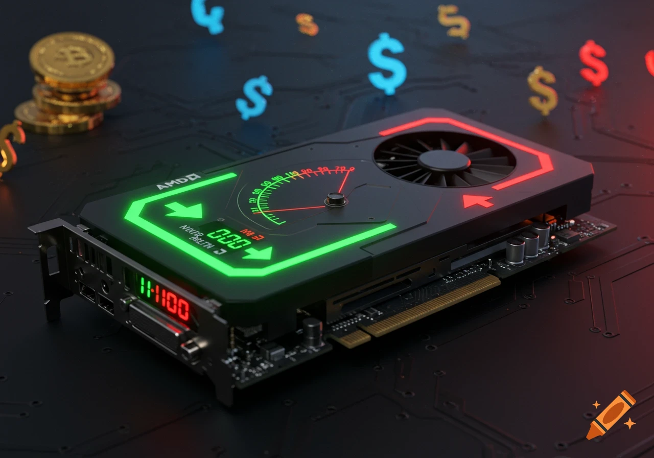 Futuristic AMD GPU with neon lights, voltmeter, and floating currency symbols on a dark tech background