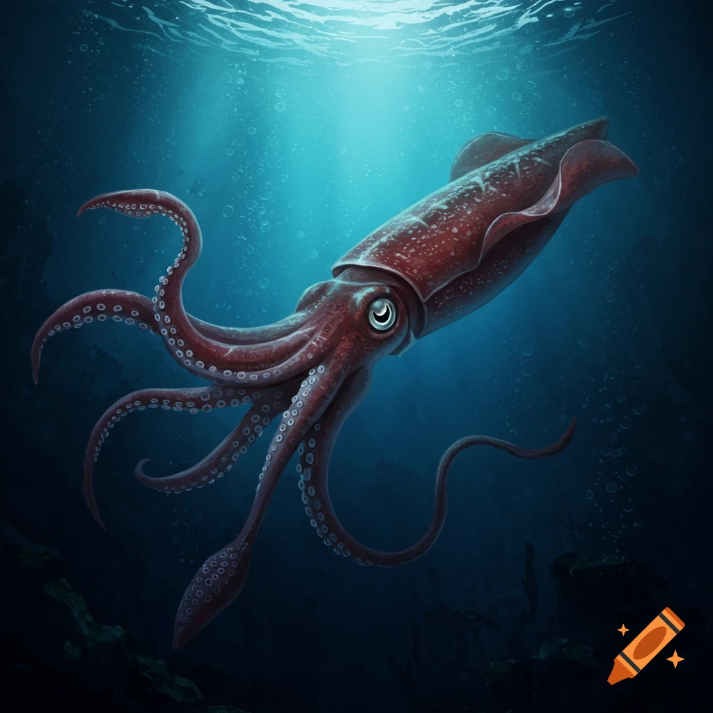 A red giant squid swims in deep blue water, digitally painted.