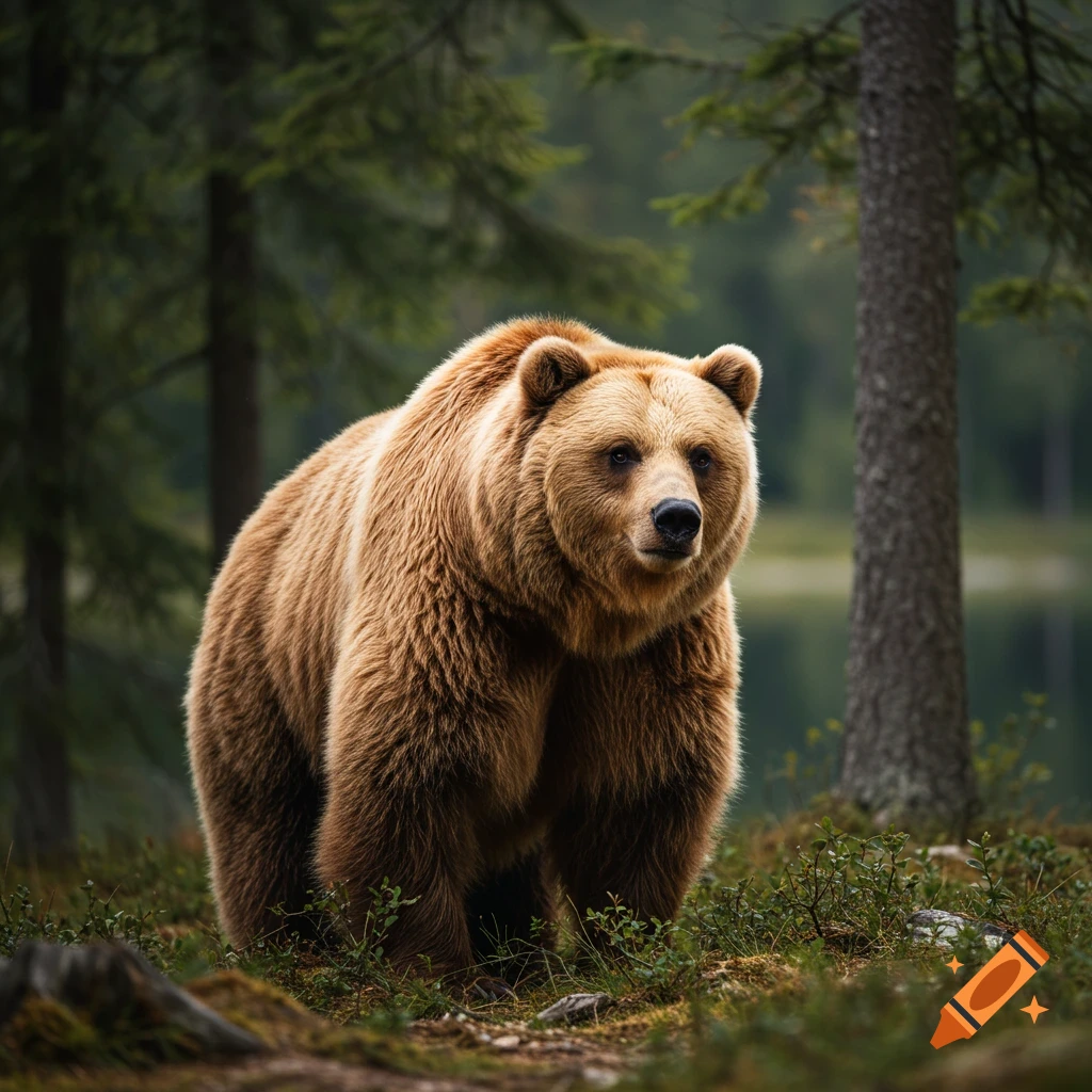 A brown bear stands in a forest clearing near a lake. Photorealistic.