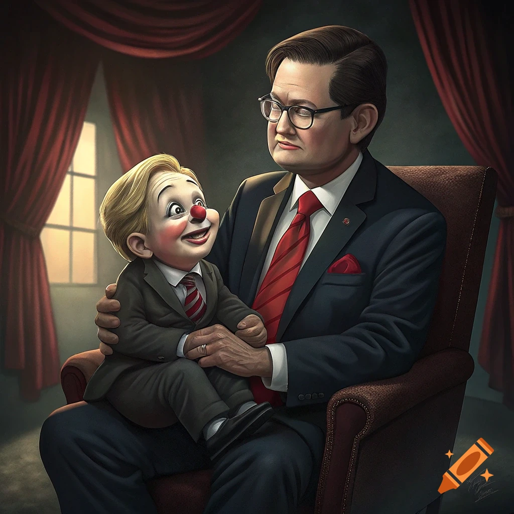 A man in a suit sits holding a small figure dressed as a clown dummy in a painting style.
