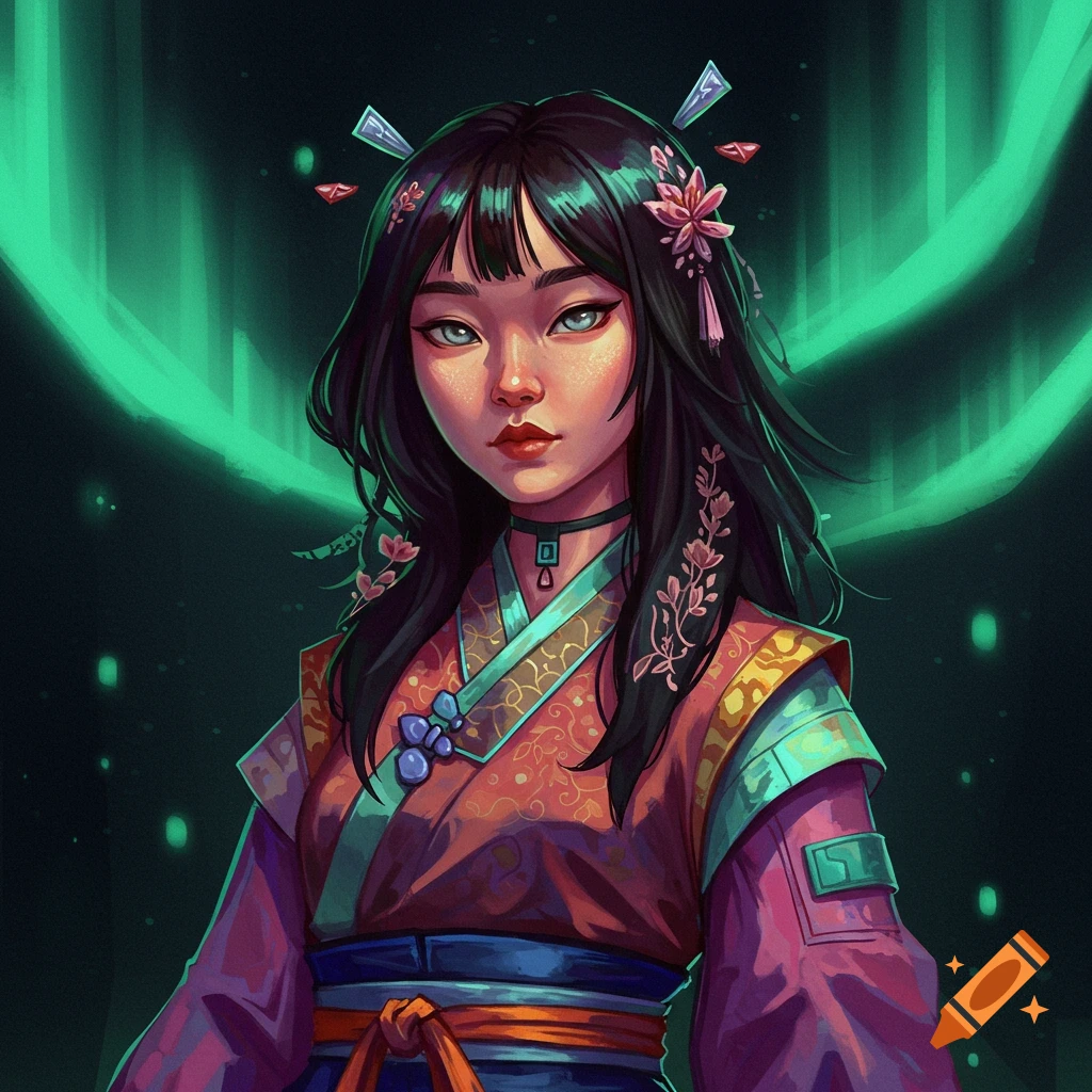 Fantasy illustration of a person in traditional clothing with glowing green background.