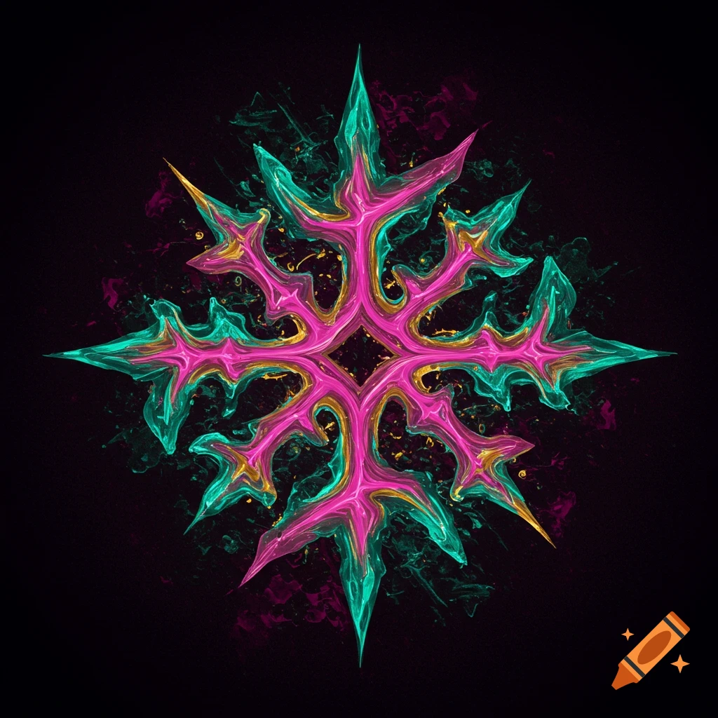 Abstract symbol with sharp points and swirling pink, teal, and gold patterns on a dark background.