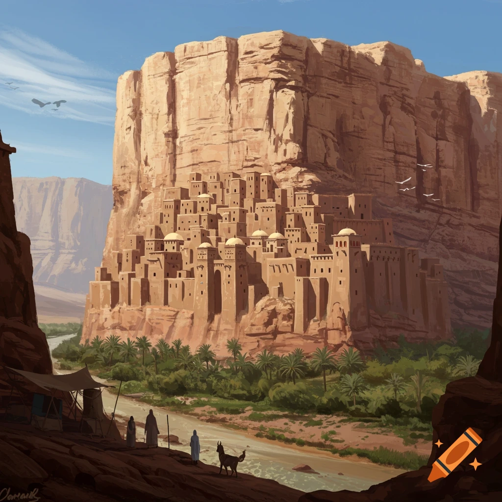 A village built into the side of a massive desert mesa, with a river flowing through the canyon below.