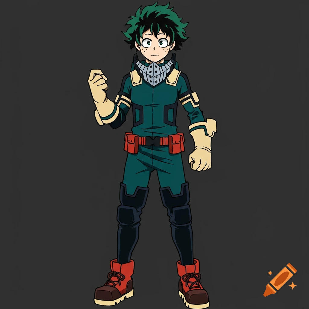 Anime illustration of a character resembling Izuku Midoriya in a green, blue, and yellow superhero suit.