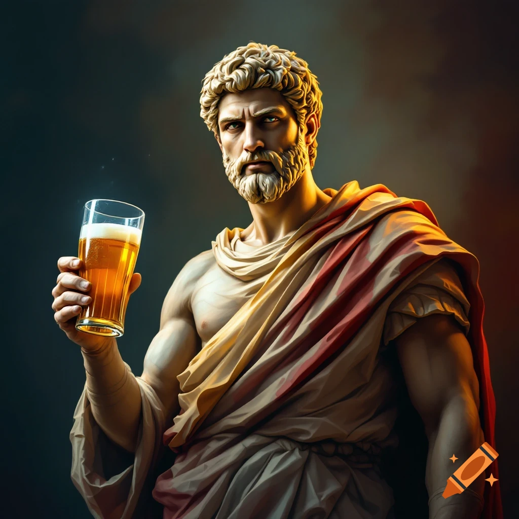 A statue resembling Julius Caesar holding up a glass of beer.