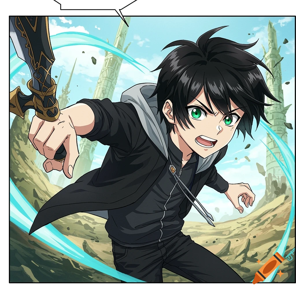 Manhwa style young man with green eyes and black hair in action pose holding a sword in a fantasy landscape.