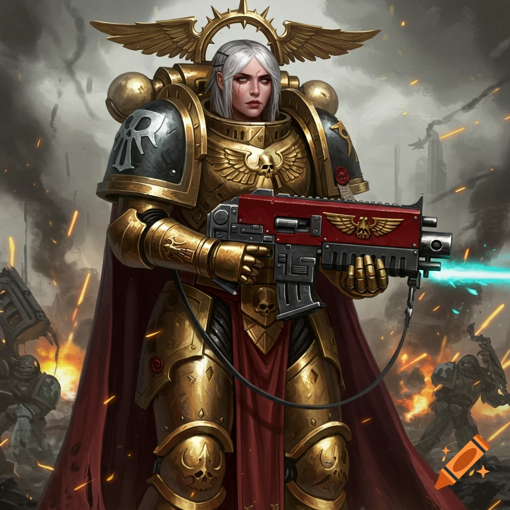 A woman in ornate golden power armor holding a futuristic weapon in a battle setting.