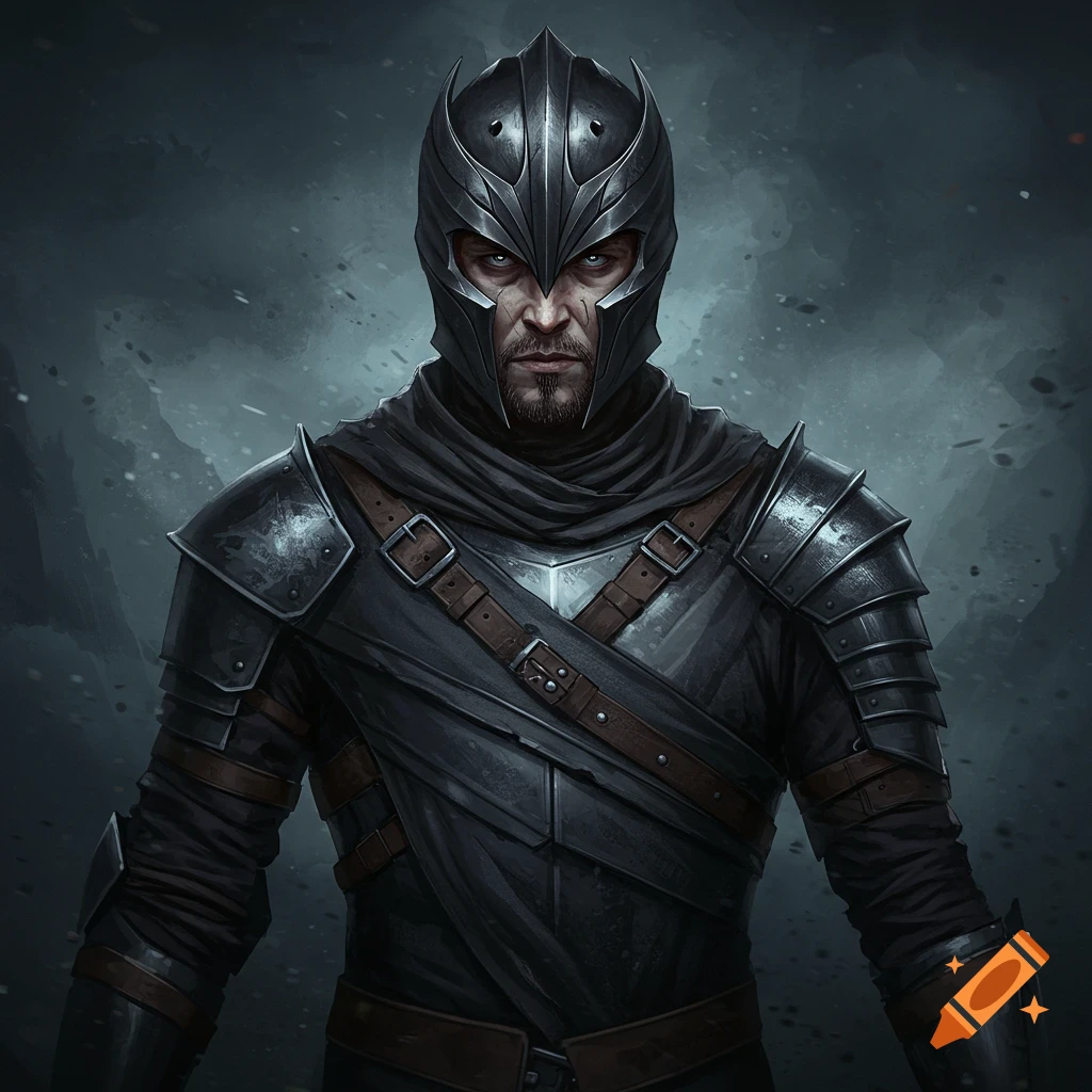 A dark knight in intricate asymmetrical armor and helmet.