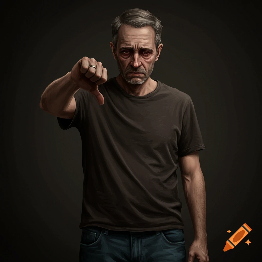 A sad older man giving a thumbs down.