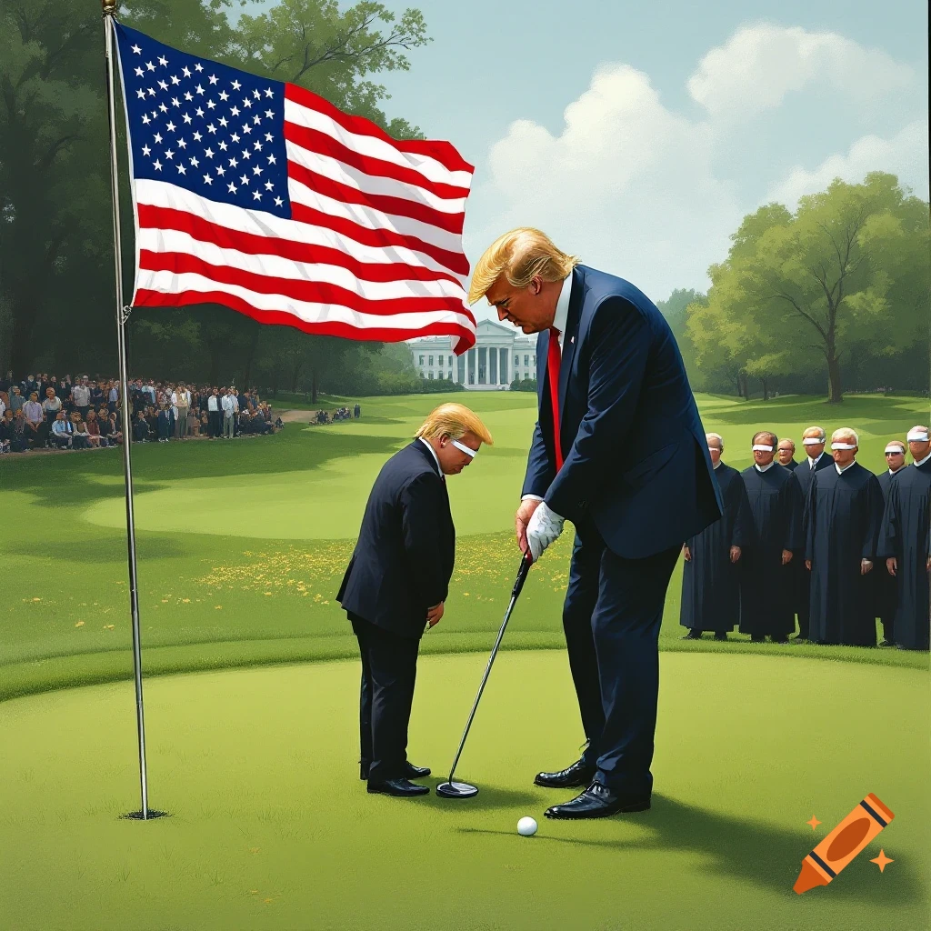 Donald Trump golfs with a smaller version of himself as robed figures with covered eyes watch under a large US flag.