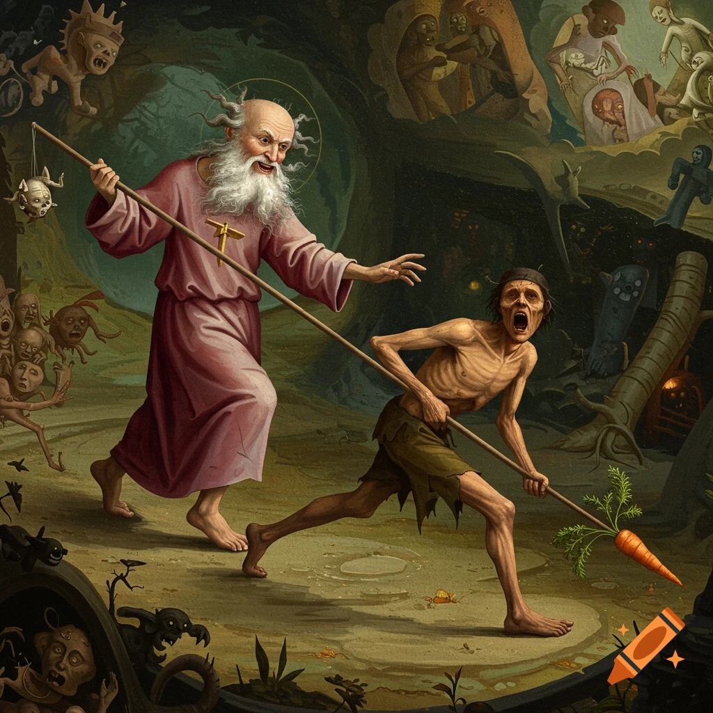 In a medieval style, an old man is behind a gaunt man chasing a carrot on a stick in a dark, nightmarish landscape.