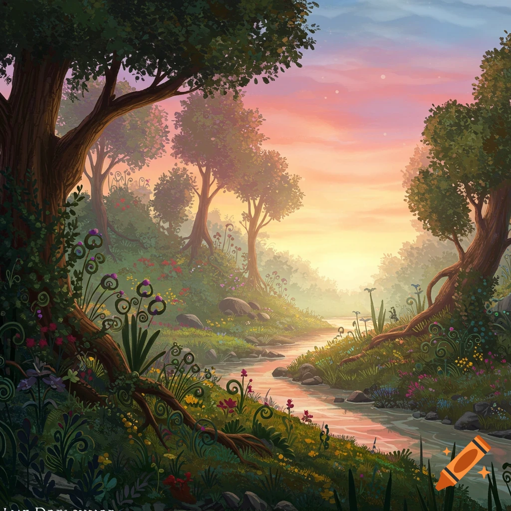 A fantasy landscape with a stream flowing through a forest at sunset.
