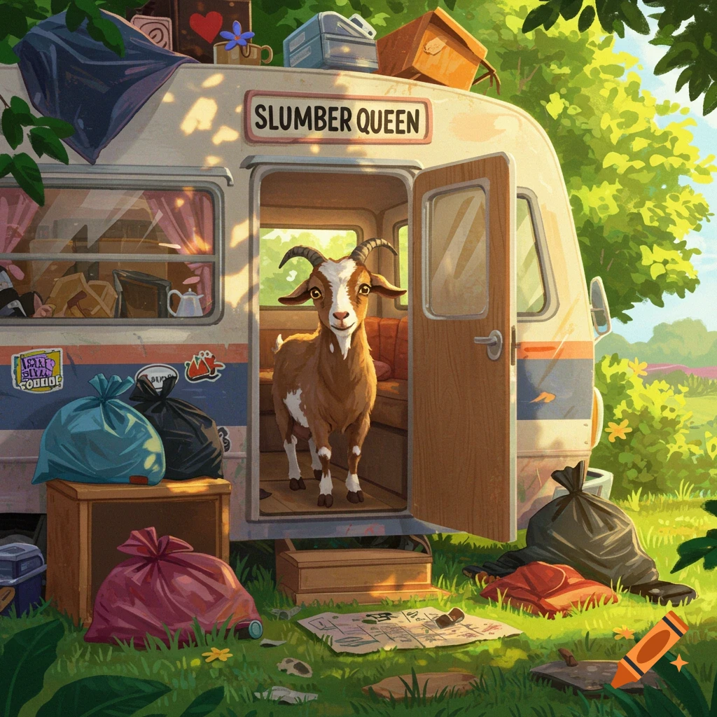 A goat stands in the open doorway of a camper trailer, surrounded by garbage bags in an outdoor setting.