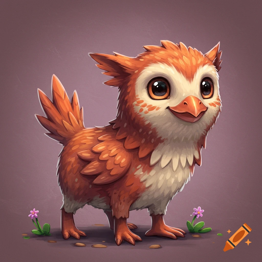 A cute, orange and white fantasy bird creature with large eyes standing near pink flowers.