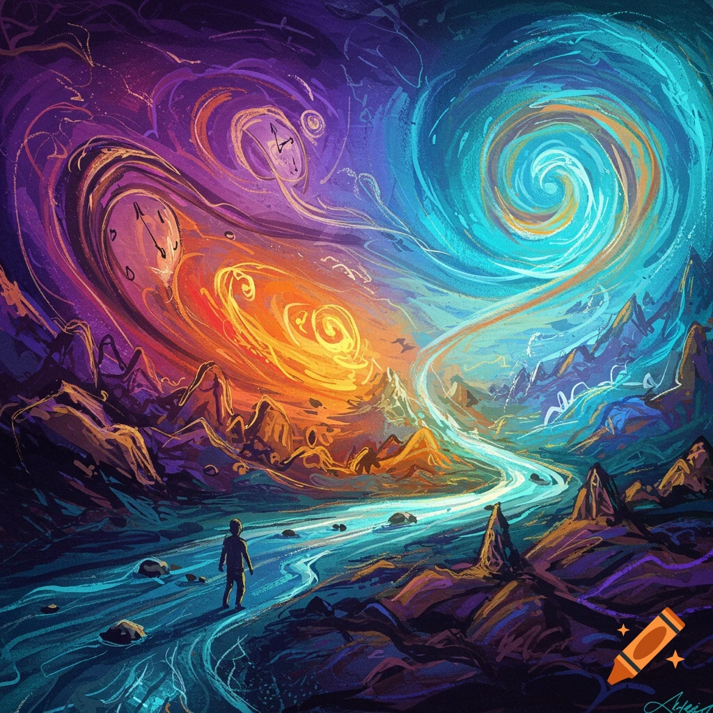 Painterly fantasy landscape with a figure by a stream, surrounded by swirling orange and blue energy and clock symbols.
