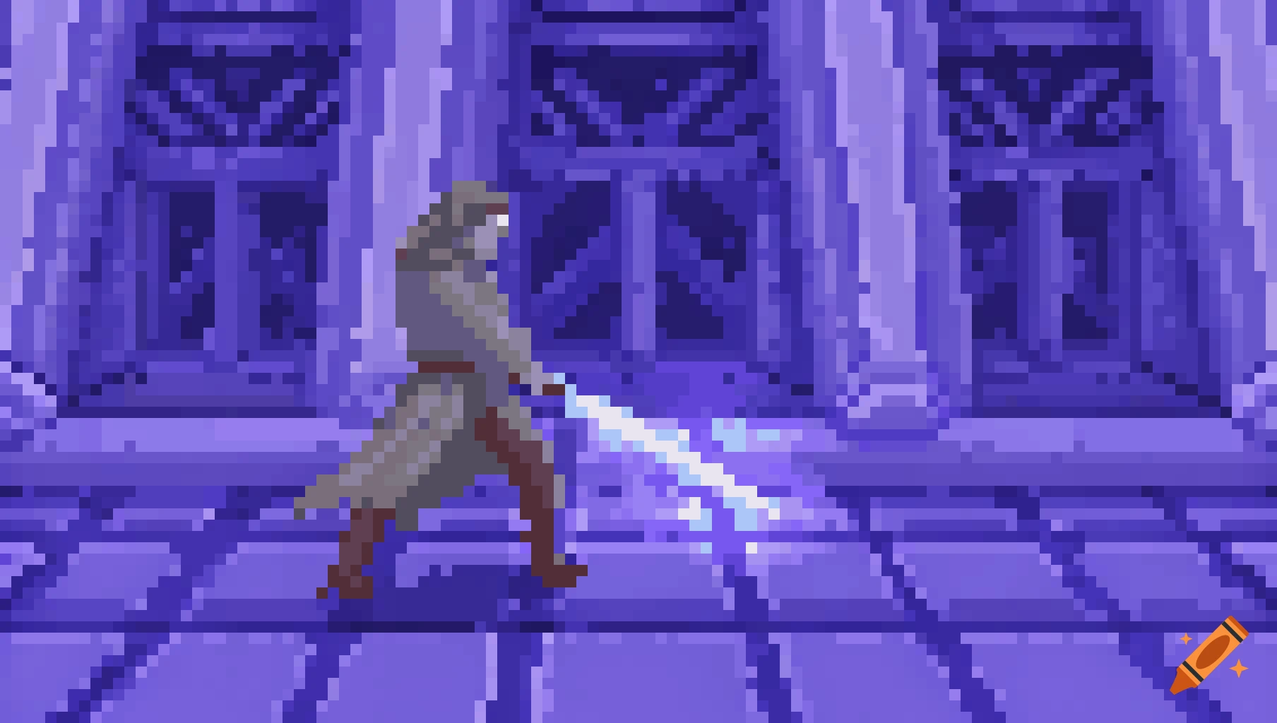 Pixel art character resembling Anakin Skywalker with a lightsaber in a blue hallway.
