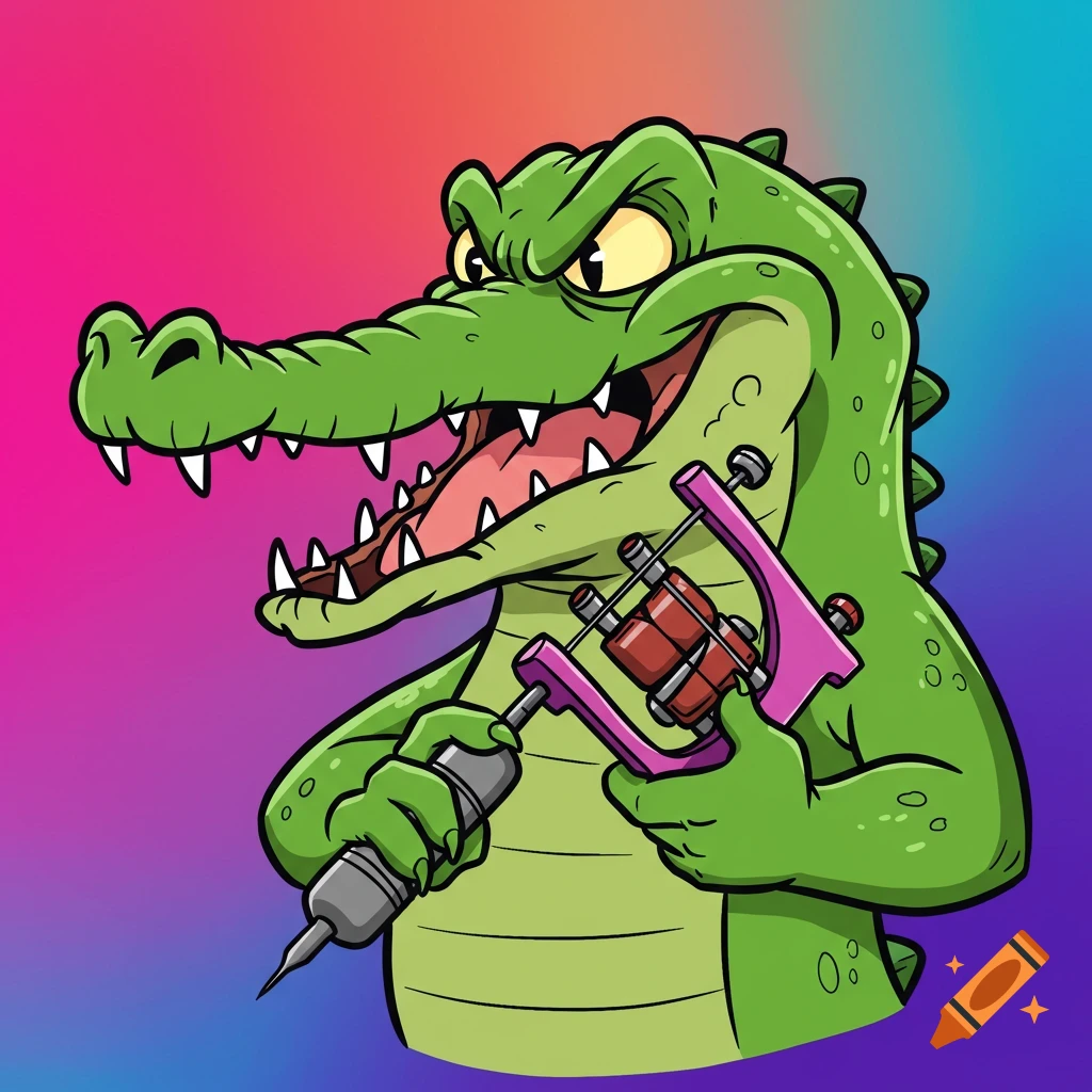 Cartoon alligator holding a tattoo machine