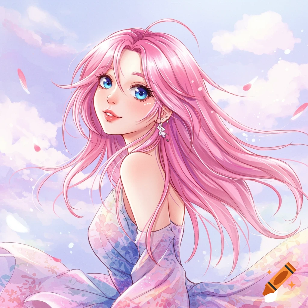 Anime girl with long pink hair and blue eyes in a flowing dress against a sky background, in a free-drawing style.