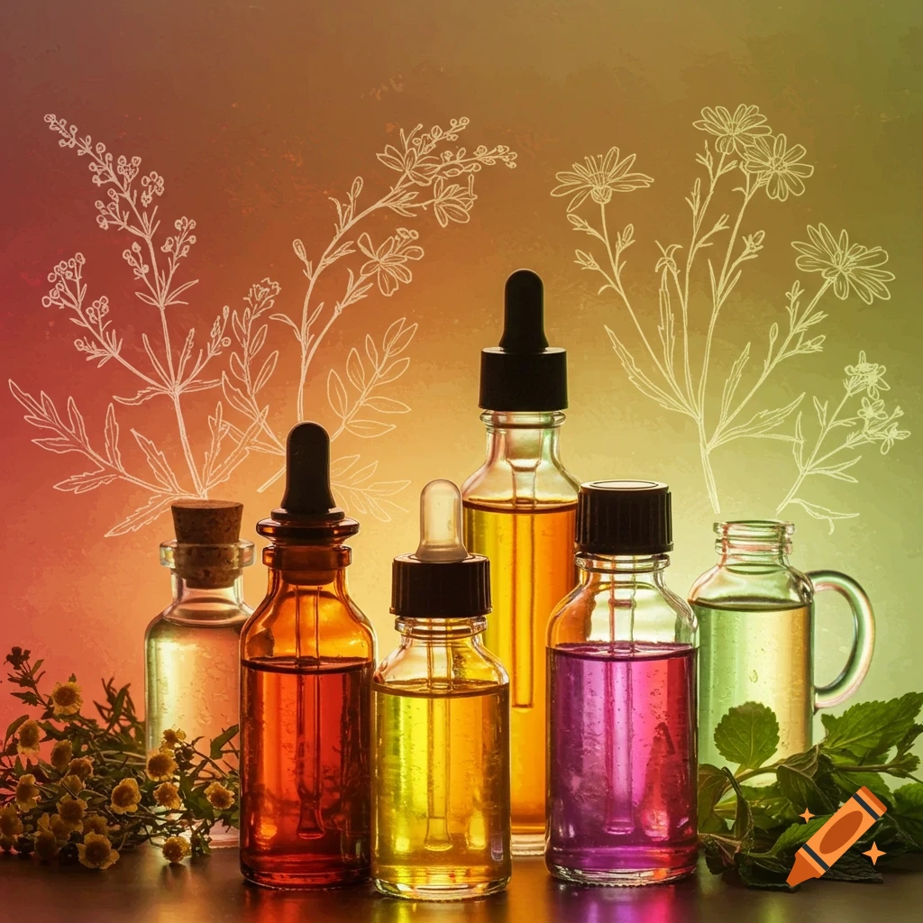 Bottles of colorful wellness oils and herbal infusions with plant drawings in the background.