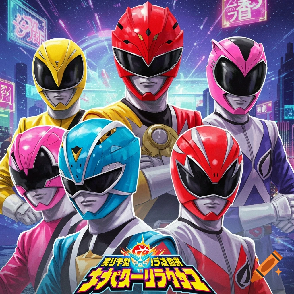 A group of Super Sentai / Power Rangers characters in a futuristic city.